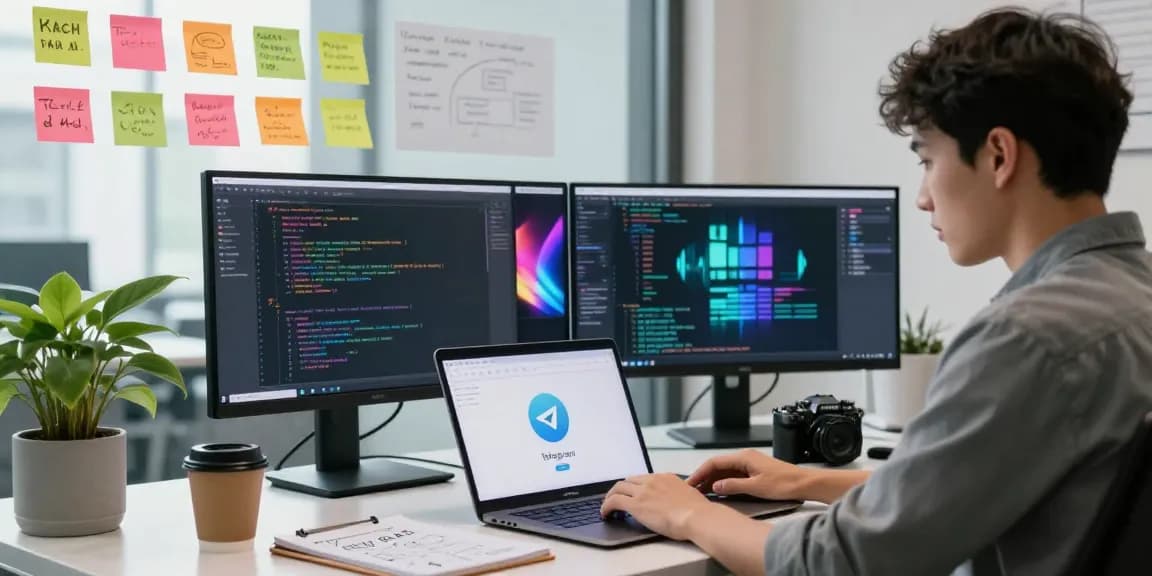 Download Telegram showcased in a modern workspace with a developer using multiple screens and vibrant graphics.