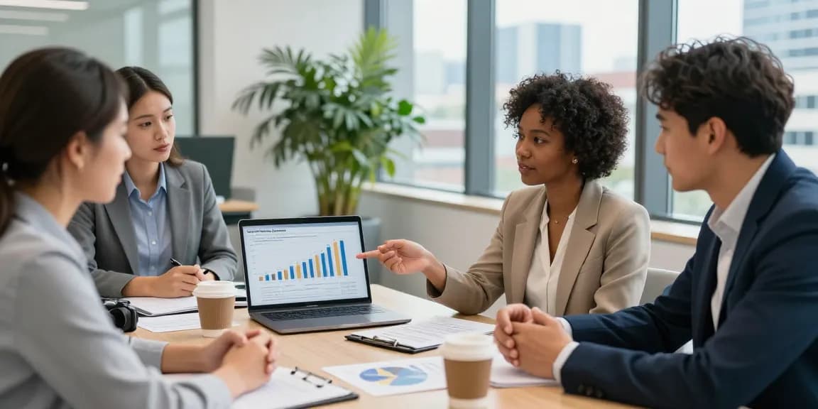 Team bespreekt zakelijke lening zonder jaarcijfers in moderne kantooromgeving
