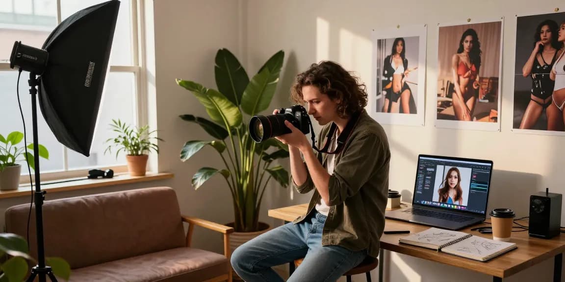Creative artist capturing amateur porn scenes in a vibrant home studio filled with props and natural light.