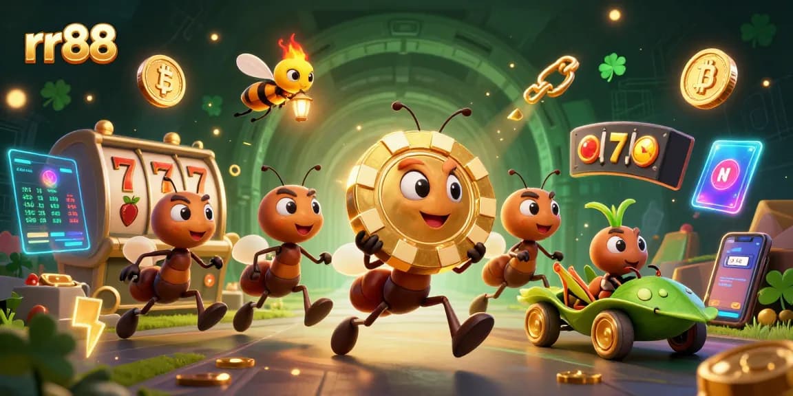 rr88 ants executing a heist with a giant golden poker chip surrounded by vibrant casino elements