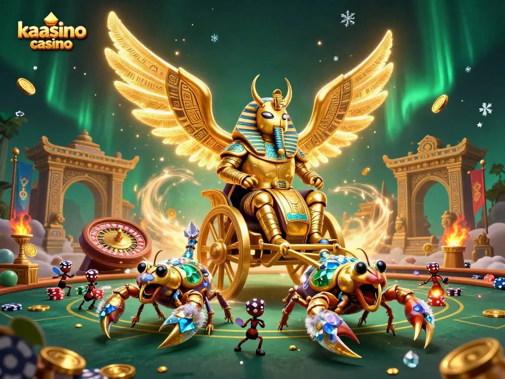 Kaasino casino features a colossal golden scarab beetle in pharaoh armor amidst dramatic betting tokens and a roulette wheel.