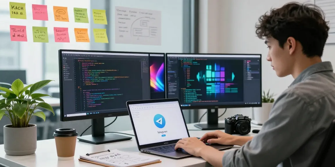 Download Telegram showcased in a modern workspace with a developer using multiple screens and vibrant graphics.
