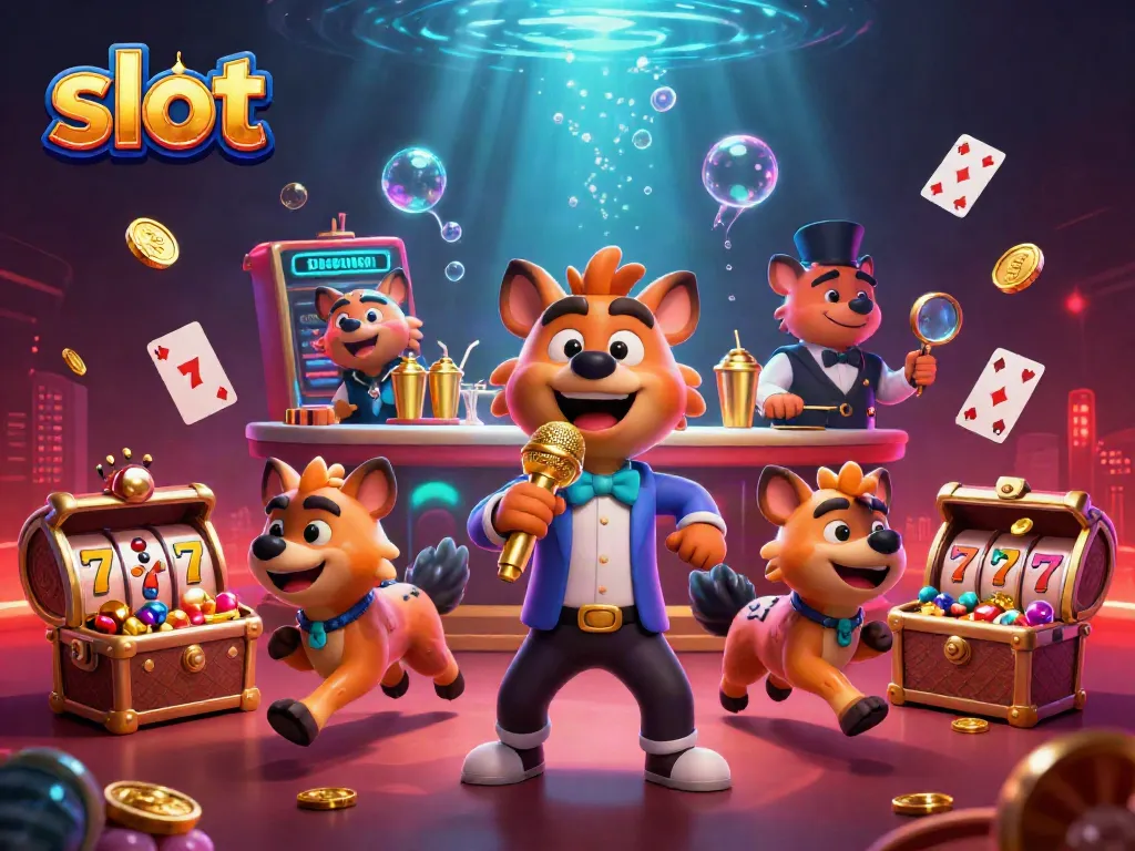 Experience thrilling slot action with hyenas in a vibrant comedy casino scene.