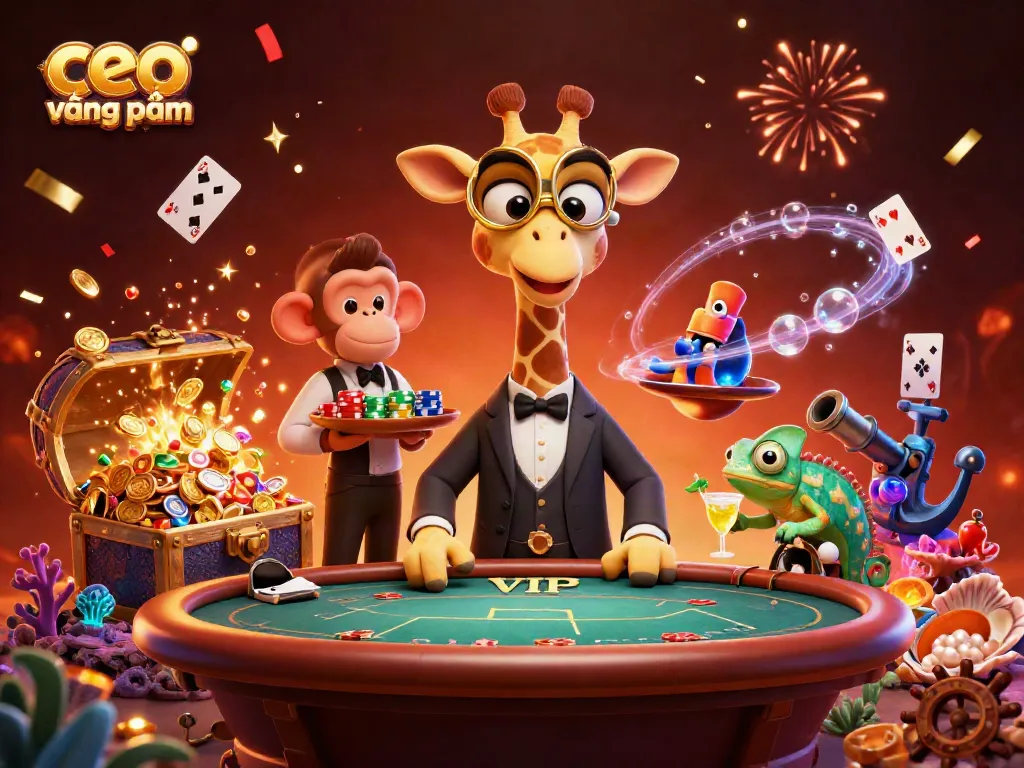 ceo vương phạm highlights a vibrant casino scene featuring a glamorous giraffe at a poker table