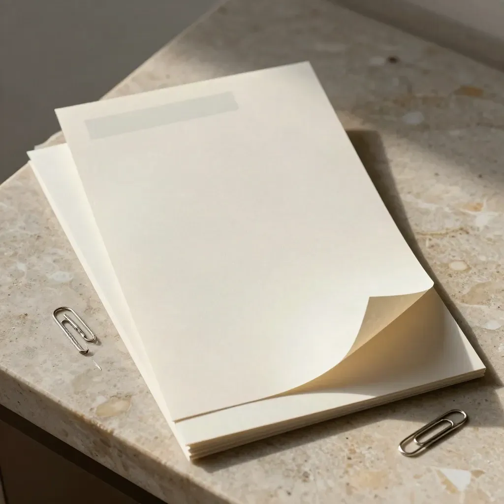 Witte cv-vellen met mapje en paperclips op kalksteen, van schuin boven gefotografeerd.
