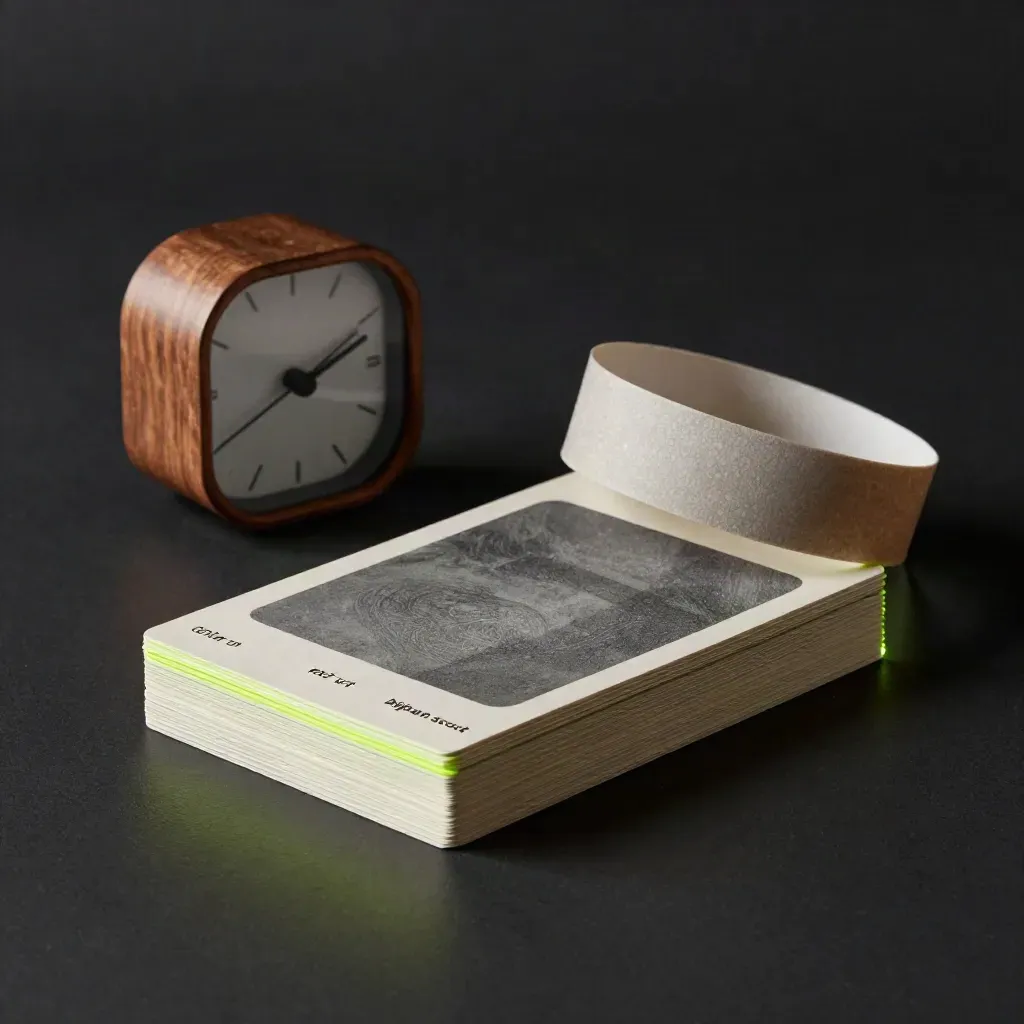 Compacte alertkaartjes met klokobject en limegroene gloed op zwarte studio-oppervlakte.