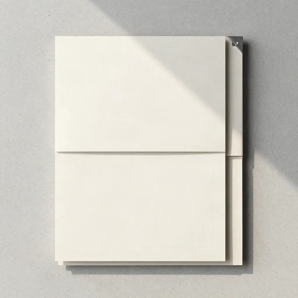 Strakke flatlay van blanco cv-templatekaarten, paperband en hoekclip op lichte betonsteen.