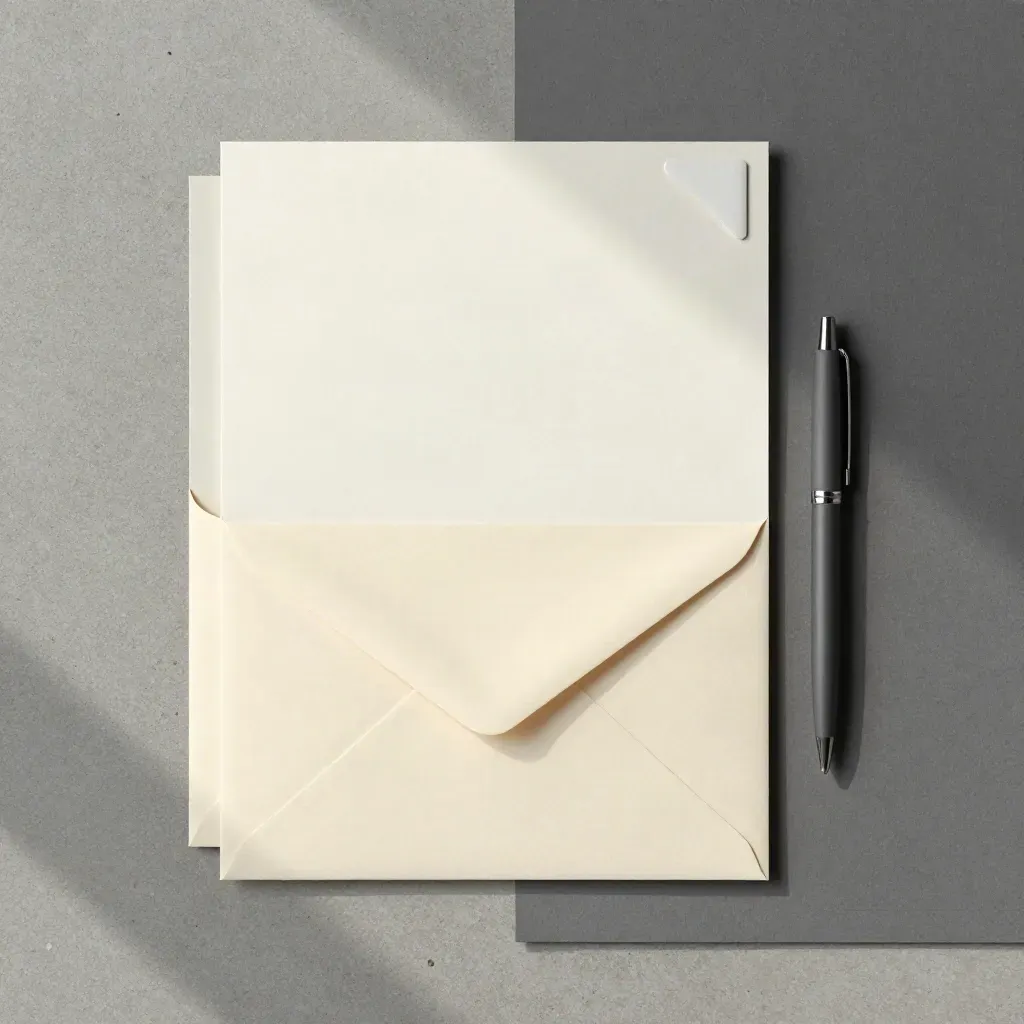 Bovenaanzicht van sollicitatiebriefset met envelop, papier, pen en klem op beton.