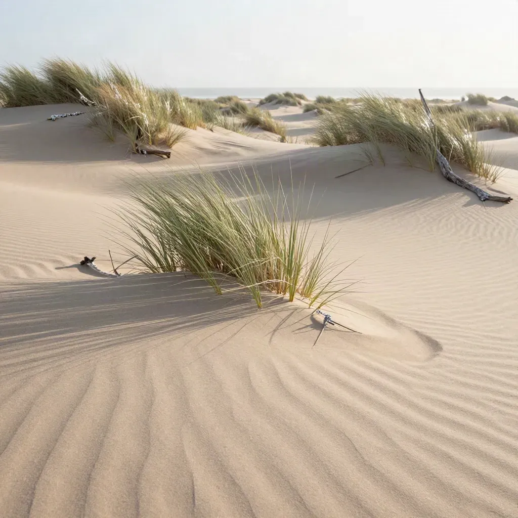 Duinlandschap met wuivend gras en zachte horizon, rustig en licht mistig.