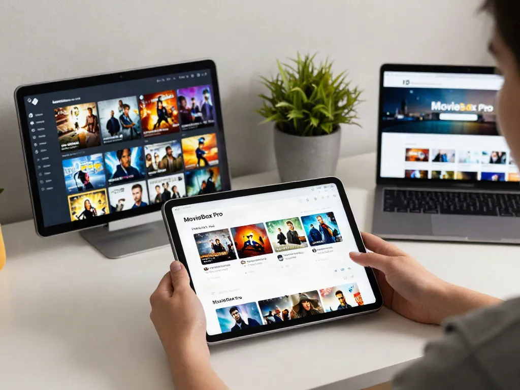 MovieBox Pro on iOS version displayed on modern workspace, showcasing clean interface and HD streaming.
