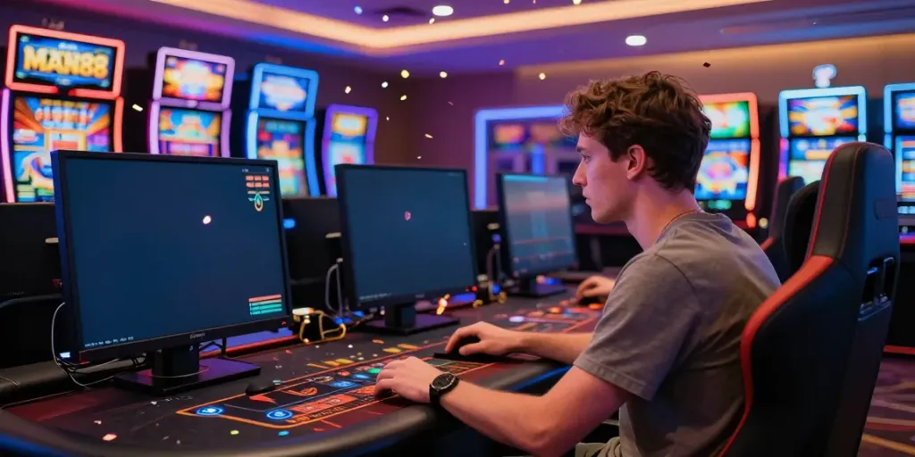 The exciting gaming experience at MAN88 featuring a player in action amidst colorful slot machines and poker tables.