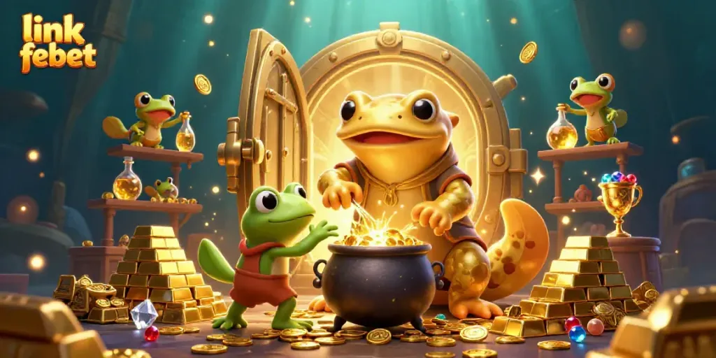 Engage with link febet in this 3D illustration of a golden salamander alchemist crafting treasures in a vibrant casino setting.