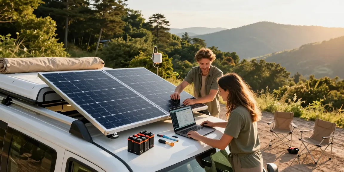 Couple installing solar panels on a van at https://vanlifetribe.com, showcasing van conversion electrics.