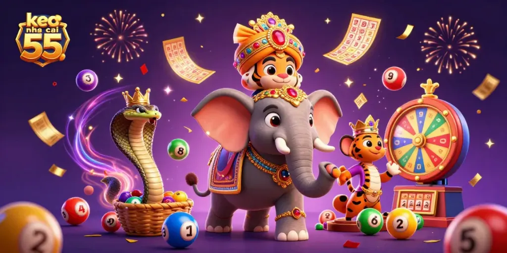 Join the excitement of keo nha cai 55 with vibrant bingo and lottery elements, featuring a majestic scene of luck.