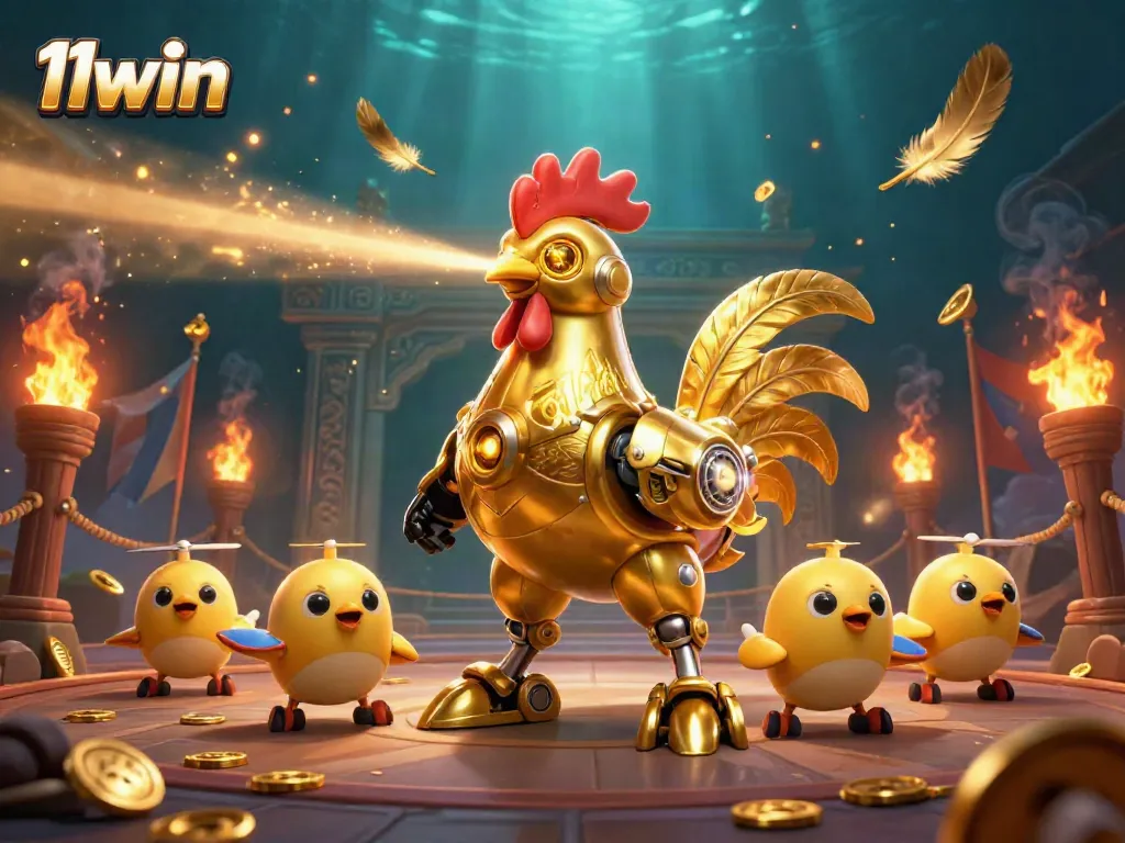 Experience thrilling wins at 11win with a futuristic golden rooster robot leading the chase for jackpots.