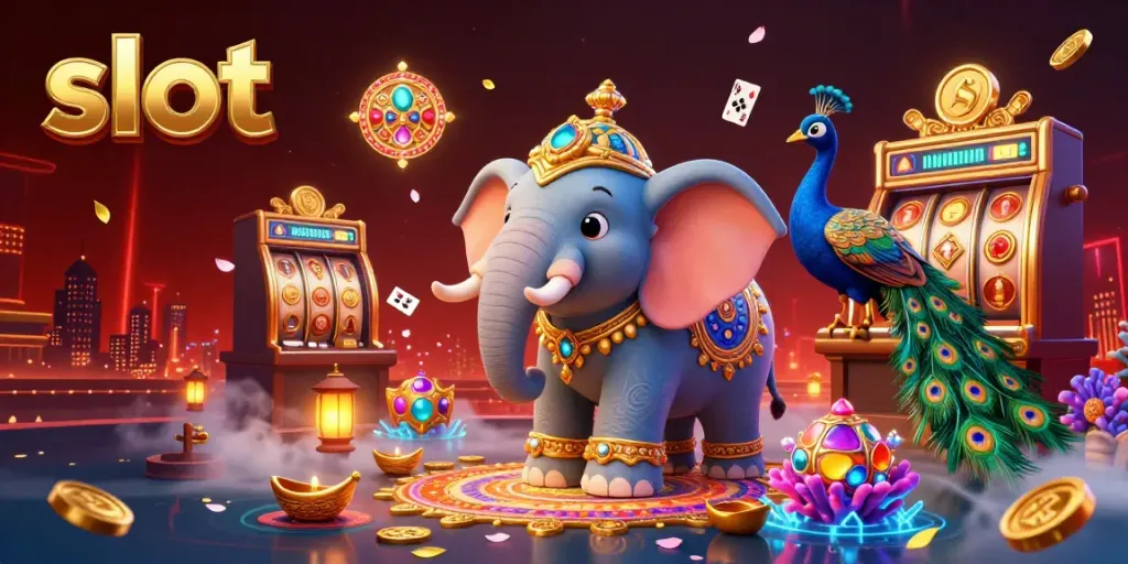 Experience the thrill of slot games as a colorful elephant and peacock illuminate a vibrant casino scene.